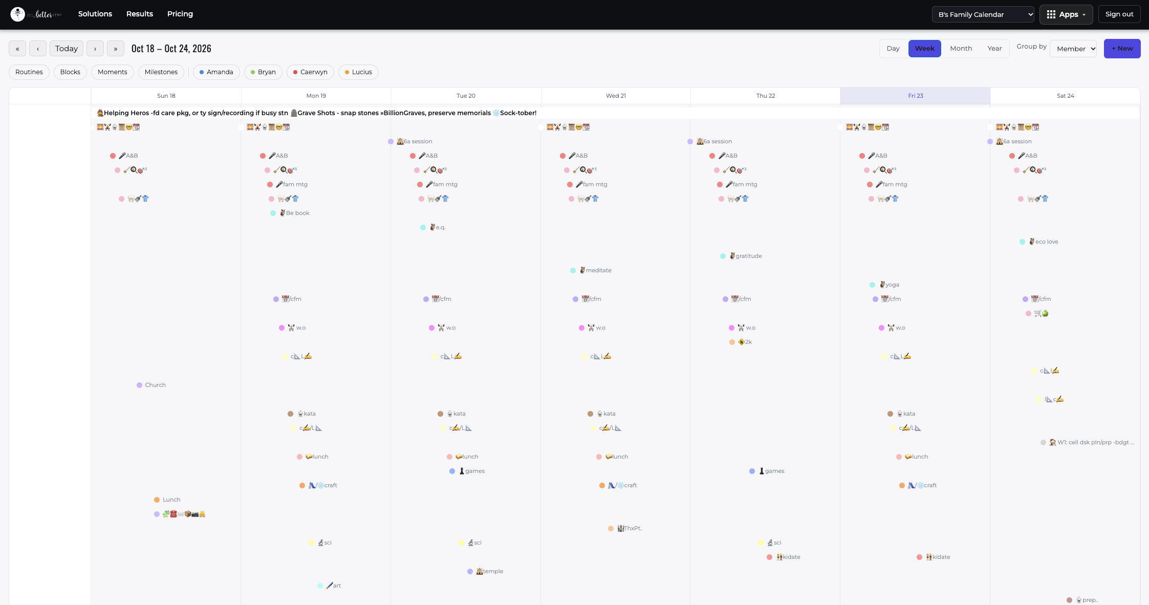 Cadence week view, showing each day’s events in a calendar grouped by team member, with filters for routines, blocks, moments, and milestones